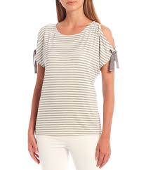Maybe you would like to learn more about one of these? Calvin Klein Even Stripe Print Knit Boat Neck Cold Shoulder Short Sleeve Detail Top Dillard S