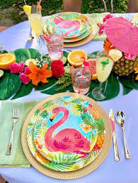Perfectly designed china like plates or modern minimalism square plain color. Tropical Flamingo Dinner Party Pop Of Gold Dinner Party Place Settings Tropical Party Tropical Flamingo