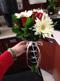 This Picture Is Focusing On The Ballet Wrap Black Satin Handtied Bouquet With White Satin Laced Up The Handle With Several Strands Loo Tie Shoes Ballet Wraps