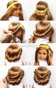 Wrapped Headband Updo American Girl Doll Hairstyle Click Through For Tutorial Dollamer American Girl Doll Hairstyles American Girl Hairstyles Doll Hair