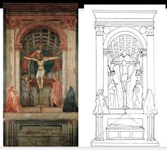 The man dressed in red, kneeling in prayer at the left, and his wife at the right. Masaccio S Holy Trinity The Sacred The Profane