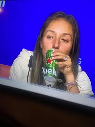 Pegula drinking a tall boy during press conference : rtennis