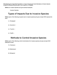 Types Of Impacts And Control Mechanisms Of Invasive Species Worksheet Worksheet Template Text Structure Worksheets Worksheets