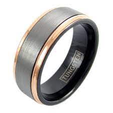 Awesome Three Tone Black Tungsten Ring With Silver Satin Band And Rose Gold Stepped Edges Couple Ring Black Tungsten Rings Mens Wedding Rings Platinum Black Wedding Band