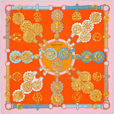 La Maison Des Carres Hermes Cuivreries Silk Twill Scarf Silk Twill Hermes Orange