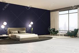 Cozy and warm without the mess is what you get with this decorative and dreamy hearth. Minimalistic Bedroom Interior With Dark Blue Walls A White Wooden Stock Photo Picture And Royalty Free Image Image 109249443