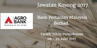 Untuk makluman, terdapat beberapa kekosongan jawatan yang dibuka untuk permohonan oleh pihak bank pertanian (agrobank). Bank Pertanian Malaysia Berhad Jawatan Kosong Agrobank 08 29 Julai 2017 Bank Pertanian Malaysia Berhad Agrobank Calon Calon Yang Sesuai Malaysia Perai Bank