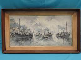 SIGNED HUGE EARLY 20 c Walter WURST HARBOR SCENE SIGNED OIL PAINTING