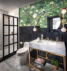 Bathroom contemporary half bathroom ideas in stylish bath 1 2 bath see more ideas about new bathroom ideas bathrooms and restroom. This Is A Colorful Design Example For Bathrooms With Patterned Wallpaper Black Walls Marble C Bathroom Wallpaper Vintage Eclectic Bathroom Bathroom Inspiration
