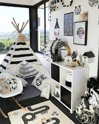 I Love How Striking This Room Is Absolutely No Holding Back On A Strong Monochrome Theme Here The Oyoy Adventure Rug Looks A Boy Room Kids Room Kid Room Decor