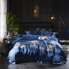 Silver anjo solid wood platform 6 piece dresser set. 35luxury Navy Blue Tencel Silk Bedding Set Queen King Size Bed Set Golde Embroidery Duvet Cover Bed Linen Bed Sheet Pillowcases Buy At The Price Of 151 29 In Aliexpress Com Imall Com