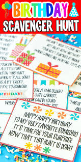 Birthday Gift Scavenger Hunt Riddles For Adults A Super Fun Birthday Scavenger Hunt Free Printable Play Party Plan In 2020 Scavenger Hunt Birthday Birthday Fun Treasure Hunt Birthday