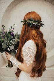 October Wedding Photos By Talia Jensen Bridal Curled Long Hairstyle With Greenery Hairpiece Wedding Hair Down Red Hair Brides Redhead Hairstyles