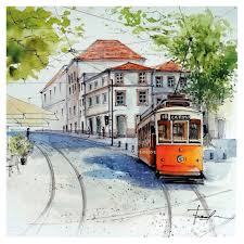 Lisbon Cityscape Lisbon Tram Painting Original Watercolor Cityscape Portugal City Painting Lisbon Street Painting Orange Tram Art Street Painting City Painting London Painting