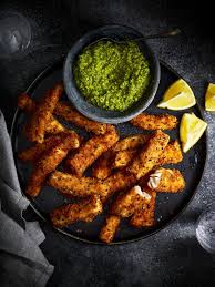 Haddock Goujons With Parmesan Crust And Pea Pesto Recipe In 2020 Pea Pesto Fresh Pea Recipes Parmesan Crusted