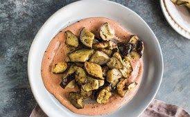 Air Fryer Caramelized Eggplant With Harissa Yogurt Recipe Recipes Vegetarian Dishes Harissa