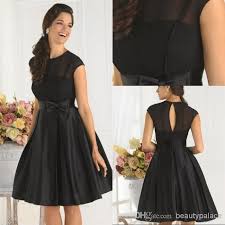 Simple Cheap Black Cocktail Dress A Line Jewel Cap Sleeves Knee Length Bow Satin P Plus Size Formal Dresses Black Bridesmaid Dresses Short Black Cocktail Dress