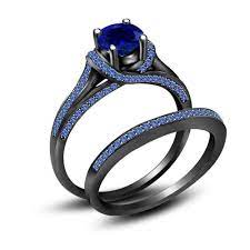 3 50 Ct Blue Sapphire Full Black 925 Sterling Silver Engagement Wedding Ring Set Black Rings Black Wedding Rings Womens Wedding Ring Sets