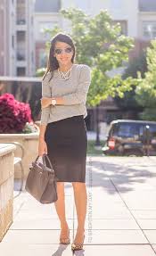 Mixed Metal Necklace Gray Sweater Oversized Watch Black Pencil Skirt Leopard Pumps In 2020 Work Fashion Professional Outfits Pencil Skirt Casual