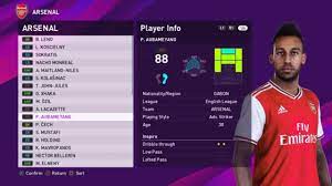Efootball Pes 2020 Arsenal Player Ratings Youtube