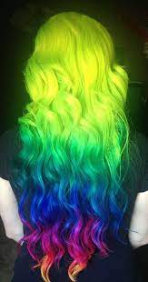 Rainbow Hair I Couldn T Get Rid Of That Weird Halo Around The Yellow Green Part The Color Is Just So Bright That I Think It S Neon Hair Hair Styles Dyed Hair