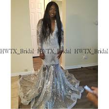 Black And Silver Gown With Sleeves 2020 African Black Girl Long Prom Dresses Silver Sparkly Sequin Long Sleeve V Neck Mermaid Women Gala Prom Dr In 2020 Black Girl Prom Dresses Prom Dresses Prom Outfits