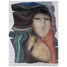 Vintage Long Looi Lee Signed Limited Edition Hand Embellished Offset  Lithograph Print, Entitled “Two Girls II”