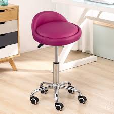 Pu Leather Round Rolling Height Adjustable Lab Stool With Footrest Foot Rest Stool With Wheels Leather Stool