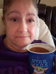 Good morning coffee friends...I am miserable with this cold, red and raw  burning nose, itchy eyes, sneezing...but loving my favorite Starbucks brew  with Chocolate Caramel cream in my Baby Yoda mug...Happy Saturday