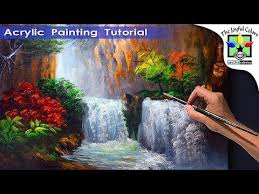 How To Paint Water Falls And Autumn Trees Acrylic Painting For Beginners Full Painting T Painting Tutorial Landscape Painting Tutorial Fall Canvas Painting