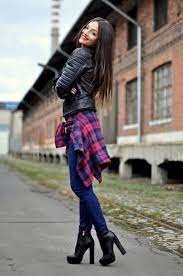 Women S Black Quilted Leather Biker Jacket Red And Navy Plaid Dress Shirt Navy Skinny Jeans Black Leather Ankle Boots Fashion Street Style Style