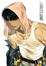 moon shingun, shutline, looking away, highres, official art, 0lkyou, 1boy,  artist name, bare shoulders, black eyes, black hair, copyright name, denim,  flannel, jeans, male focus, muscular, muscular male, pants, parted lips,  pectoral cleavage, pectorals, shirt ...