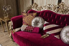 Scandinavian open space in white and red tones, bedroom with bed and decors, coffee tables. Casa Padrino Luxury Baroque Sofa Bordeaux Red Gold 244 X 95 X H 123 Cm Magnificent Living Room Sofa With Decorative Pillows Baroque Living Room Furniture