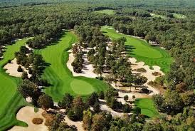 Aerial view of Pine Barrens Golf Club's lush green fairways surrounded by pine forests.