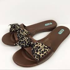 Oka B Madison Leopard Bow Comfort Slide Flats M L