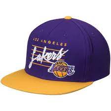 Men S Mitchell Ness Purple Yellow Los Angeles Lakers Cursive Script Logo Adjustable Snapback Hat Los Angeles Lakers Purple Yellow Snapback Hats