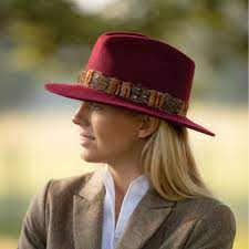 Womens Showerproof Wool Burgundy Fedora Hat With Country Feather Wrap Trim Mickleton