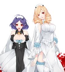 hanasato (okashino), chess belle, horn skuld, owari no seraph, frilled  legwear, white legwear, highres, 10s, 2girls, blonde hair, blue hair,  breasts, bride, choker, cleavage, detached collar, detached sleeves, dress,  drill hair, fang,