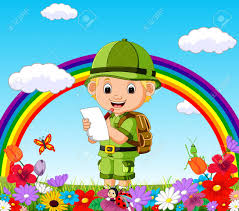 Niño De Dibujos Animados Escribiendo En Un Jardín De Flores Con ...