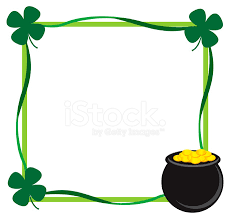 A green monochromatic border featuring four leaf clovers with graphics of a leprechaun and pot of gold. Patrick S Day Border Stock Vector Freeimages Com