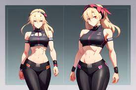 Lexica - The art style of takeda hiromitsu ,A full body anime blonde woman  with a black sportswear,
