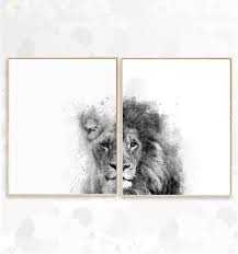 Black And White Framed Art Set Of 2 Set Of 2 Black And White Lions Printable Watercolor Wall Art Etsy Lion Wall Art Black And White Lion Animal Wall Art