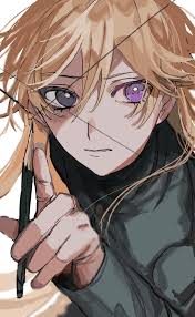 yadu nadu, ayukawa ryuuji, blue period, highres, 1other, blazer, blonde  hair, buttons, closed mouth, hair between eyes, heterochromia, holding,  holding pencil, jacket, long hair, looking at viewer, pencil, purple eyes,  school uniform,
