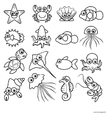 Flowers easy coloring book for adults: Small Marine Animals For Kids Kawaii Coloring Pages Printable