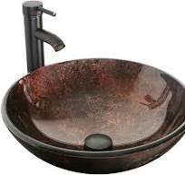 eclife 16.5" Bathroom Vessel Sink Modern Artistic Single Brown Round  Tempered Glass Basin Countertop Bowl Sink for Lavatory Vanity Cabinet,  W/Water ...