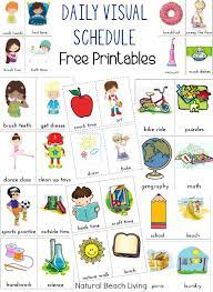 Visual schedule cards for toddlers, preschoolers, and children with special needs. Daily Visual Schedule For Kids Free Printable Natural Beach Living Kids Schedule Daily Schedule Kids Special Needs Kids