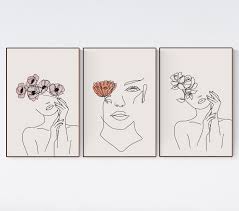 Abstract Woman With Flowers Line Art Printable Set Of 3 Female Face Single Line Drawing Art Print Embroidered Canvas Art Line Art Drawings Abstract Line Art