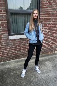 Black And White Checkered Denim Jacket This Student Wears A Space Grey Turtleneck Sweater With An Oversized Distressed Denim High Tops Outfit Turtleneck Sweater Outfit Distressed Denim Jacket Black
