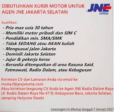 Jne Express Jakarta On Twitter Lowongan Kerja Kurir Motor Agen Jne Jakarta Selatan Info 0838 7225 1500 Loker Lokerjakarta Infolowongan Pt tiki jne dalam rangka untuk mencapai visi dan misi, dan untuk meningkatkan kinerja perusahaan, maka di tahun 2021 ini perusahaan mengadakan rekrutmen atau membuka lowongan kerja untuk mengisi posisi jabatan yang saat ini kosong. lowongan kerja kurir motor agen jne