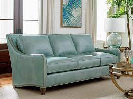 Nice size, a bit firm but i like that in a couch. Twin Palms Koko Leather Sofa In Teal Tommy Bahama Home Home Gallery Stores Blue Leather Sofa Leather Sofa Sofa Furniture